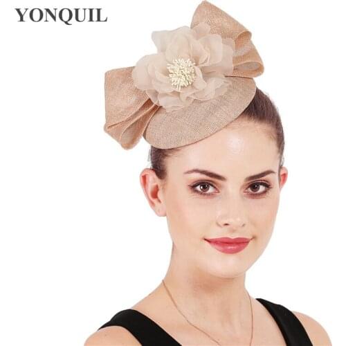 Vintage Champagne Linen Hats Fascinator With Handmade Bow Flowers Elegant Bridal Wedding Hat Headwear Fahison Flower Feora Caps