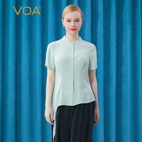 VOA 30m/m Silk Womens Tops Heavy Short Sleeve Stand Collar Comfortable Skin-friendly Asymmetric Design Straight Shirt BE399