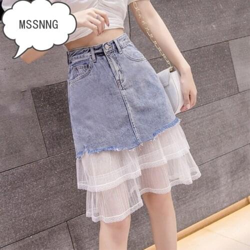 MSSNNG Fashion Wild Stitching Denim Skirt Mesh Lace Lace Denim Slim Slimming Blue Skirt 2019 Summer New Style S-2XL