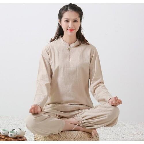 Women Chinese Yoga Uniform Cotton Linen Tai Chi Wushu Clothing Spring Autumn Kung Fu Costume Female Solid 2PCS Tang Suit