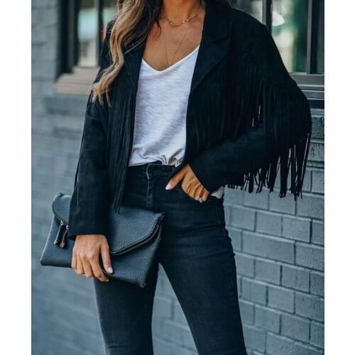 2021 New Fringed Bomber Jacket Womens Spring Fashion Long Sleeve Lapel Slit Slim Jacket