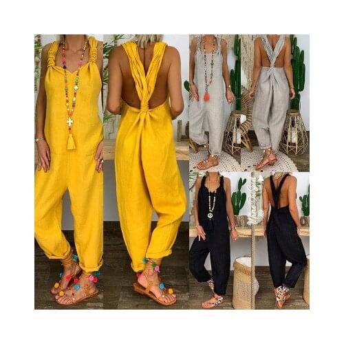 Women Jumpsuit Cotton Linen Harem Loose Spaghetti Strap Romper Casual Sexy Fashion Female Long Pants Playsuits