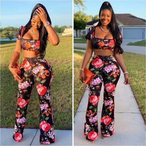 BKLD Two Piece Set Women O Neck Short Sleeve Crop Top Wide Leg Long Pants Set Sexy Summer Floral Printed Tracksuit Women Outfits