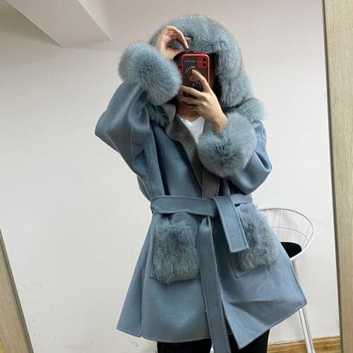 Famous Style Big real fur pockets Real Cashmere wool Coat Hoodie ladies natural fox fur Coats outwear
