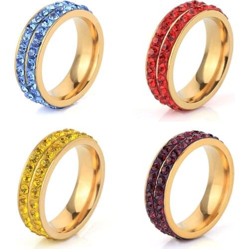 Hot Popular Gold-Color Stainless Steel Ring Pave Setting Green purple Red Yellow Pink Crystal Jewelry Ring For Women
