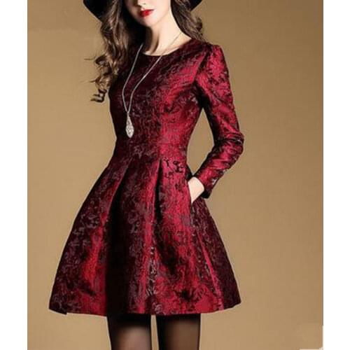 2020 New Autumn Long Sleeve Jacquard Dress Work Casual Party Slim O-neck Printing Dresses Women A-line Vintage Vestidos Spring