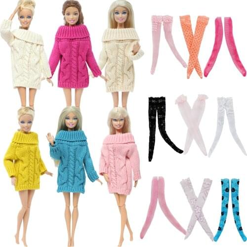 5 Pcs/Lot = 2x Colourful Doll Dress Pure Cotton Sweater + Random 3x Lace Stockings Socks Accessories Clothes for Barbie Doll Toy