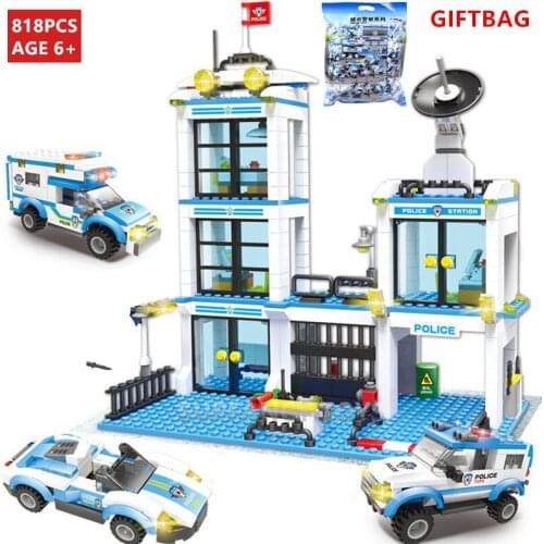 818Pcs City Police Station Model Building Blocks Sets Helicopter Ship Car SWAT Brinquedos Bricks Educational Toys for Children