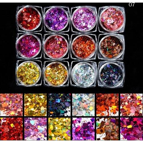 1mm+2MM+3MM/ 12Pots Holographic Nail Glitter Set, COSMETIC GLITTER, Holographic 12 Colors Square -Point Star Glitter for Nails