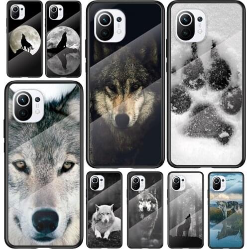 Tempered Glass Cover Cute Black Wolf Print For Xiaomi Mi 11 11i 10T CC9E CC9 9T Note 10 Ultra Pro Lite 5G Phone Case