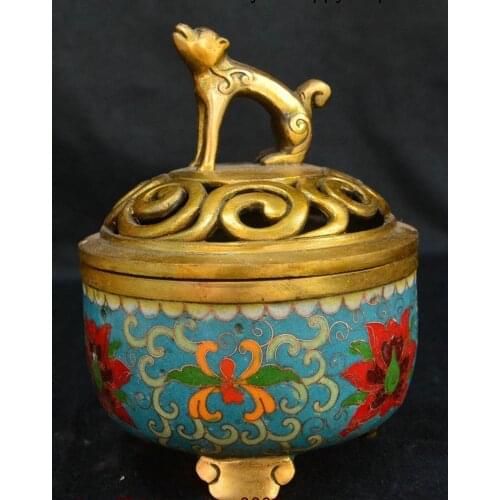 Chinese Dynasty Palace Bronze Cloisonne Enamel Dog Incense Burner Censer Statue