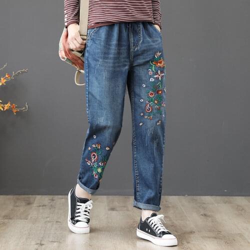Women High Waist Jeans Spring Summer Vintage Floral Embroidery Loose Harem Denim Pants Female Trousers Plus Size 3XL