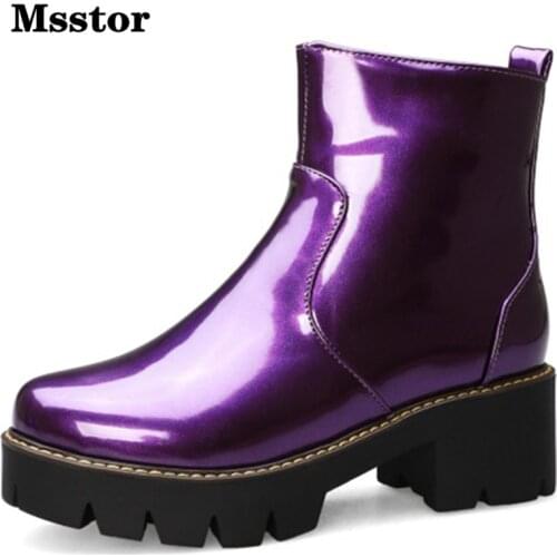 Purple Platform Boots Women Zipper Patent Leather Yellow Fashion Casual Womens Boots Ankle Round Toe Winter Women Shoes Concise