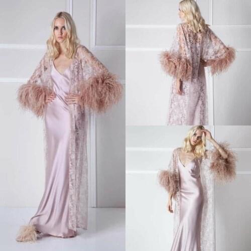 Light Purple Women Feather Bathrobe Sleepwear Lace Two Pieces Kimono Dressing Gown Babydoll Lingerie Bath Robe Luxury Nightgown