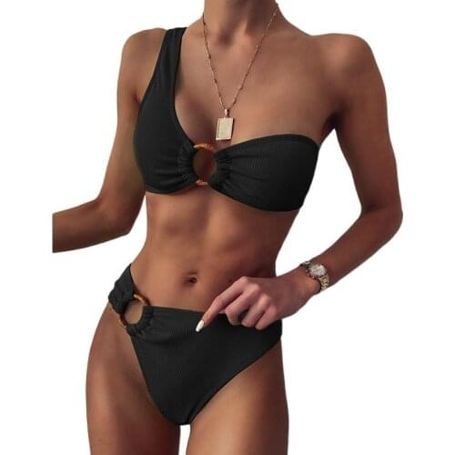 One Shoulder Bikini Womens Swimsuit High Waist Swimwear Sexy Rings Biquini Black Ribbed Beachwear 2 Piece Set Women Solid