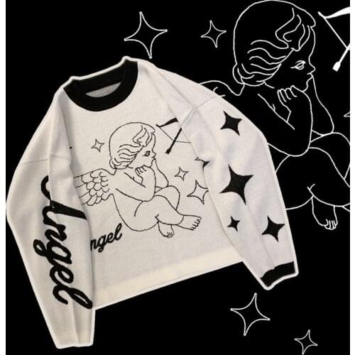 Japanese Harajuku Style Cute Girls Angel Wings Loose White Pink Sweater Knitted Pullover