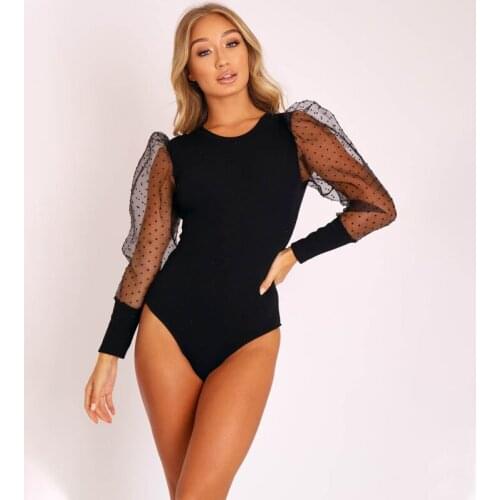Fashion Polka Dot Long Sleeve Bodysuit Body Women Transparent Mesh Sexy Rompers Bodysuit Black Womens Autumn Bodysuits Jumpsuit