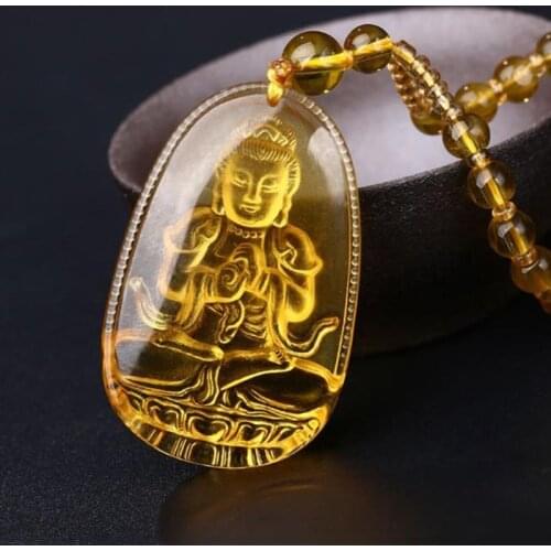 Buddha Guardian Gods Pendant Necklace For Women Men Carved Yellow Stone Amulet Necklaces Jewelry
