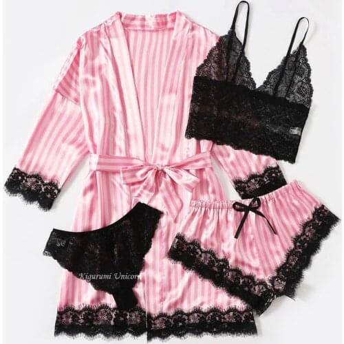 Woman Sleepwear 4pcs Floral Lace Trim Satin Pajamas Set with Robe Sexy Faux Silk Pijamas Robe Sets Casual Home Clothes Nightwear