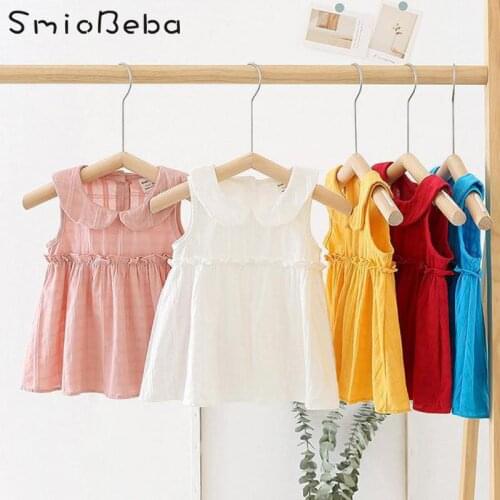 White Dress Summer Linen Girls Baby Collar Candy 5 Colors Korean Solid Jacquard Sleeveless Children Wedding Party Birthday Dress
