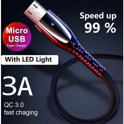 Braided Micro USB Cable Zinc Alloy 3A QC3.0 Fast Charger LED Light for Android Huawei Xiaomi Mobile Phone Sync Charging Cable