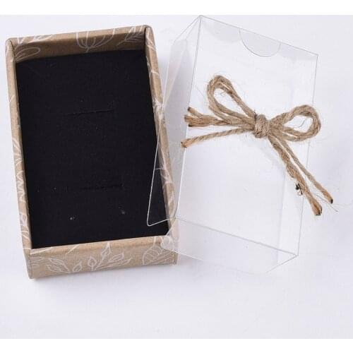 Rectangle Cardboard Jewelry Boxes for Ring Necklace Earring,with Transparent Lid, Hemp Rope Bowknot and Black Sponge Inside