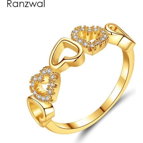Ranzwal Hollow Gold Heart Rings for Women Micro Paved Cubic Zirconia Engagement Ring Wedding Jewelry US SIZE 6~9