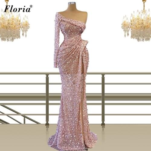Blush Pink Sequins Evening Dresses Arabic Long Sleeves Mermaid Evening Gowns Formal Muslim Prom Party Dresses For Women Vestidos