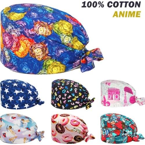 Working Scrub Hat Cotton Anime Printing Nursing Cap Adjustable Tie Back Beauty Salon Pet Shop Lab nurse Surgicals Caps Women Men