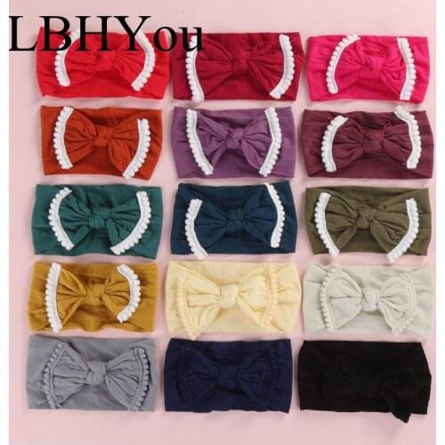 27PCS/lot Wide Soft Nylon Headbands For Girls ,Newborn Elastic Stretchy Pompom Trim Nylon Hairbands Girls Turban Head Wraps