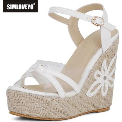 SIMLOVEYO 2021 Slingbacks Open Toe Flower Patchwork Buckle Strap 12.5cm Wedge Sandal With Platform Size 30-48 Black Yellow White
