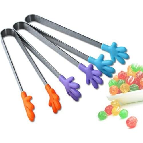 3 Colors Cute Tongs Silicone Stainless Steel Cooking Kitchen Ice Tong Food BBQ Salad Hand Clip Kitchen Tools