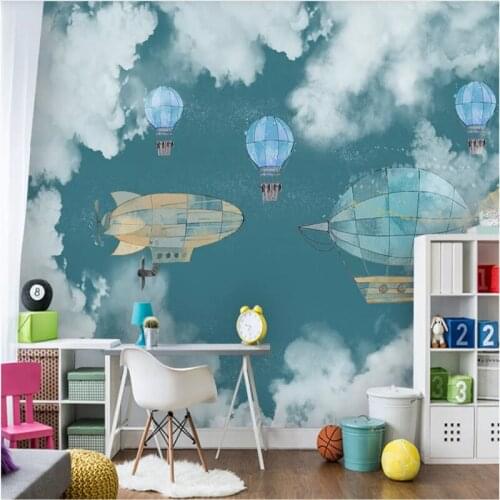 Nordic Childrens Room Background Wall Paper 3D Hand-painted Cartoon Airplane Hot Air Balloons Mural Wallpaper for Kids Room