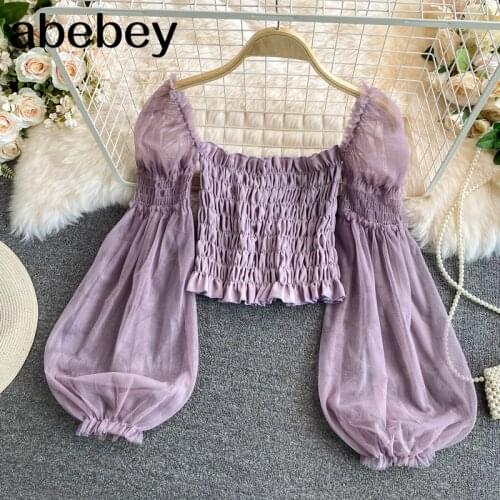 2021 New Summer Sweet square collar off shoulder Lantern Sleeve Shirt mesh patchwork pleated waist short Shirt Top