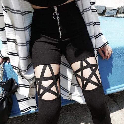 2020 European and American style high waist tight pencil pants five-pointed star hollow zipper jeans casual pants