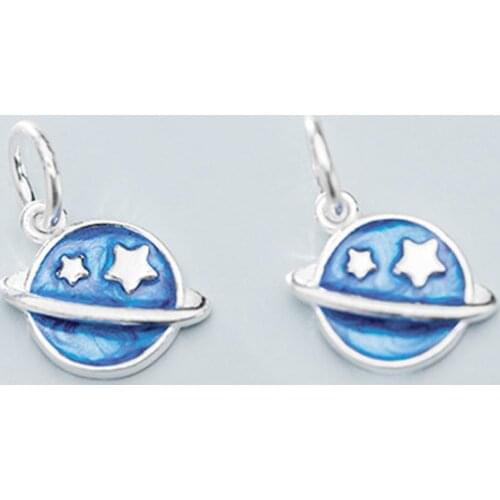 925 Sterling Silver Baking Paint Craftwork Planet Charms Earrings Necklace Blue Silver Pendants For Women DIY Jewelry Findings