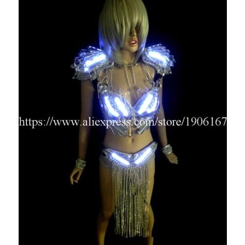 White Crystal Led Luminous Light Growing DS Women Costume Suit Sexy Lady Evening Party Dress Led Stage Props Dance Clothes