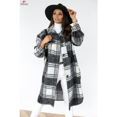 Womens Vintage Lapel Button Down Long Plaid Woolen Coat Brushed Tartan Over Shirt Jacket Shacket