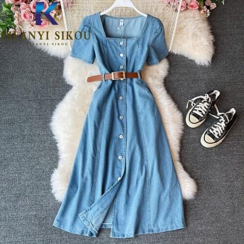 Blue Denim Dress Women Summer Fashion Single Breasted Square Collar Short Sleeve Long Dress Female Casual High waist Jeans Dress