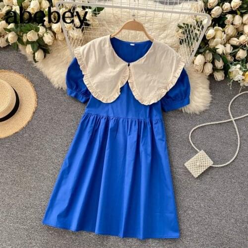 Women Elegant French Dress Retro Peter pan Collar Puff Sleeve Dress Summer Fashion Streetwear Midi Dress