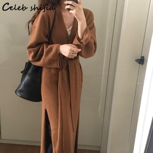 Autumn Lace Up Knitted Dress Woman V-neck Elegant Soft Brown Long Sweater Clothing Korean Split Woolen Dresses Street Winter