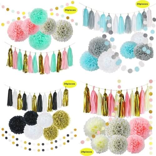 20 Set Gold Pink Blue Party Decoration Supplies Tissue Paper Pom Poms Balls Lanterns Tassel Garlands Party Banner and Balloon