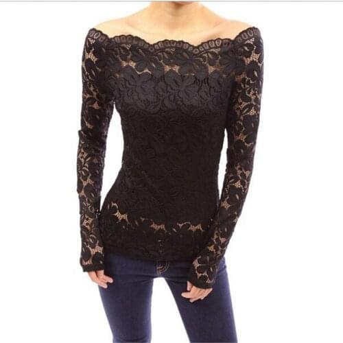 Sexy One shoulder Womens Lace Blouse Top Black White Long Sleeve Shirts Ladies Party Wedding Blouses Tops Women Clothing