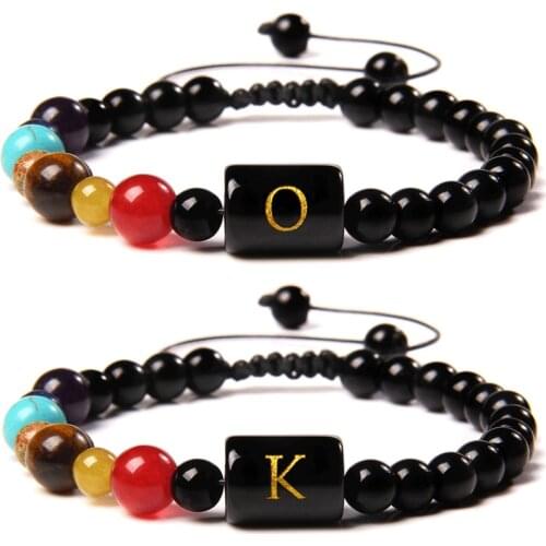 OK Bracelets Natural 7 Chakra Bracelet Men Tiger Eye Stone Bangle Black Onyx Beads 26 Letters Charm Pulsera Women Braid Jewelry