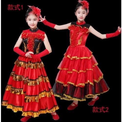 100-160cm Kids Flamenco Skirt Spanish Senorita Flamenco Dancer Fancy Dress Costume Girls Stage Performance Opening Skirt DL4211