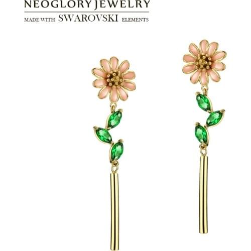 Neoglory Zircon & Enamel Long Dangle Earrings Colorful Flower Design Cute Girl Fashion Party Classic Gift Youth Sale
