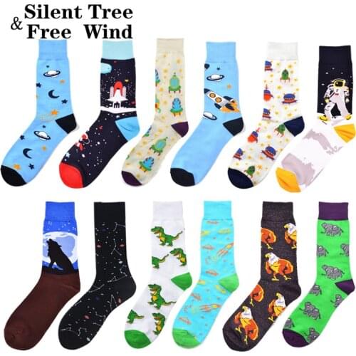 Novelty Funny Mens Crazy Space Animal Crew Socks Winter Colorful Cool Rocket Astronaut Dinosaur Dress Socks for Men Boyfriend