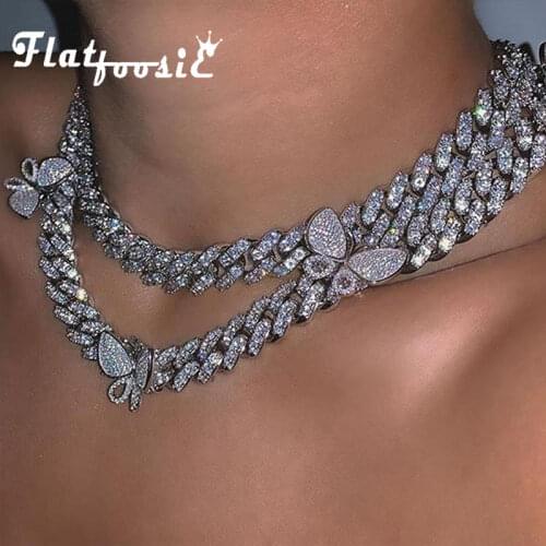 Flatfoosie New Rose Red Crystal 4 Butterfly Pendant Necklace Women Luxury Gold Silver Color Chunky Cuban Choker Necklace Jewelry