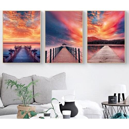 Sunsets Bridge Wooden Lake Landscape Posters and Prints Canvas Painting Cuadros Scandinavian Wall Art Picture for Living Room