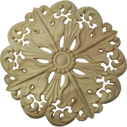 Round Flower Woodcarving Furniture Decoration European Solid Wood Round Applique Heart Decorative Flower Figurines Miniatures
